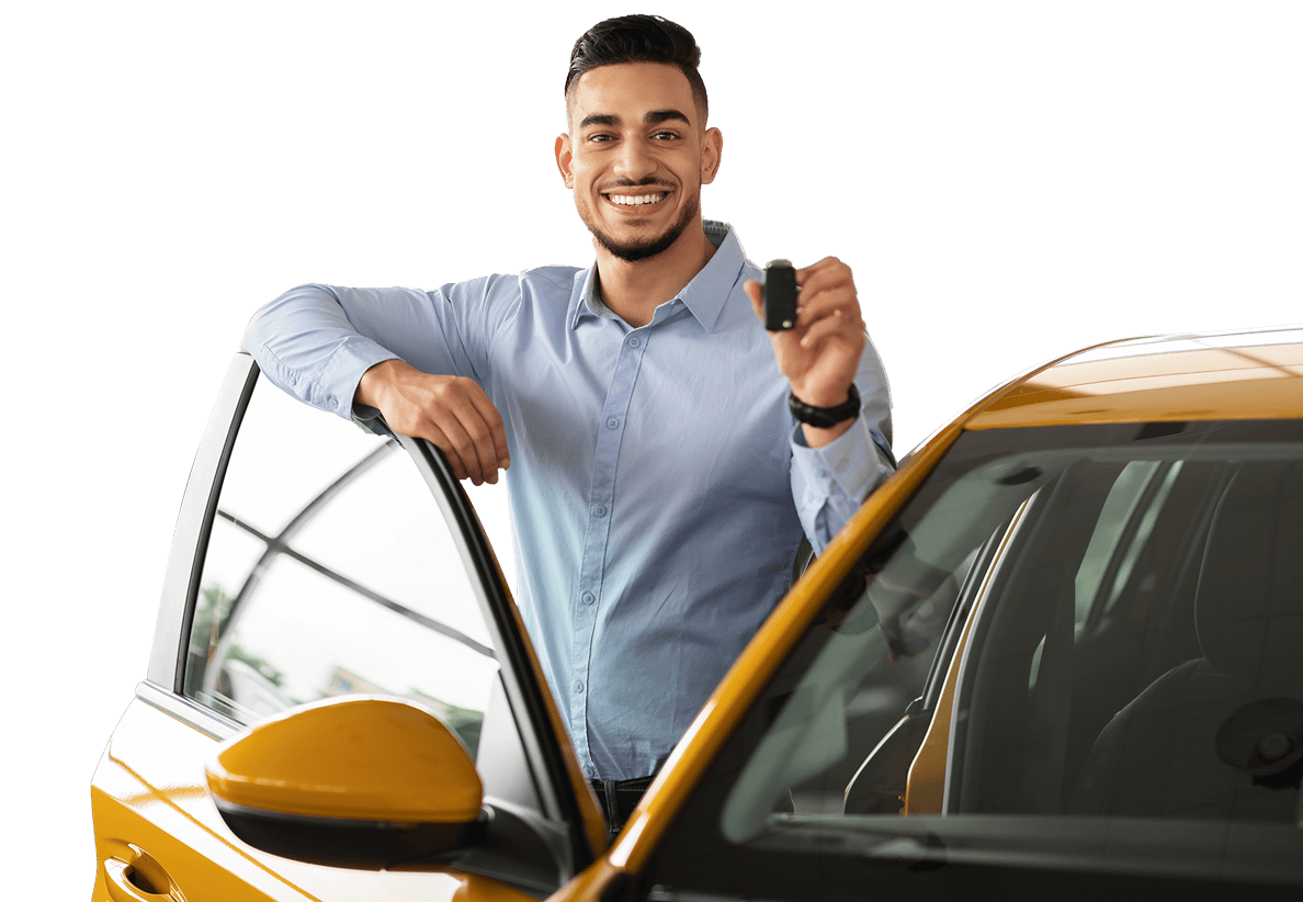 Man standing by car happy about his tire & truck trailer repair services